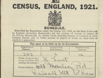 1921 Census cover page Helen Lunt